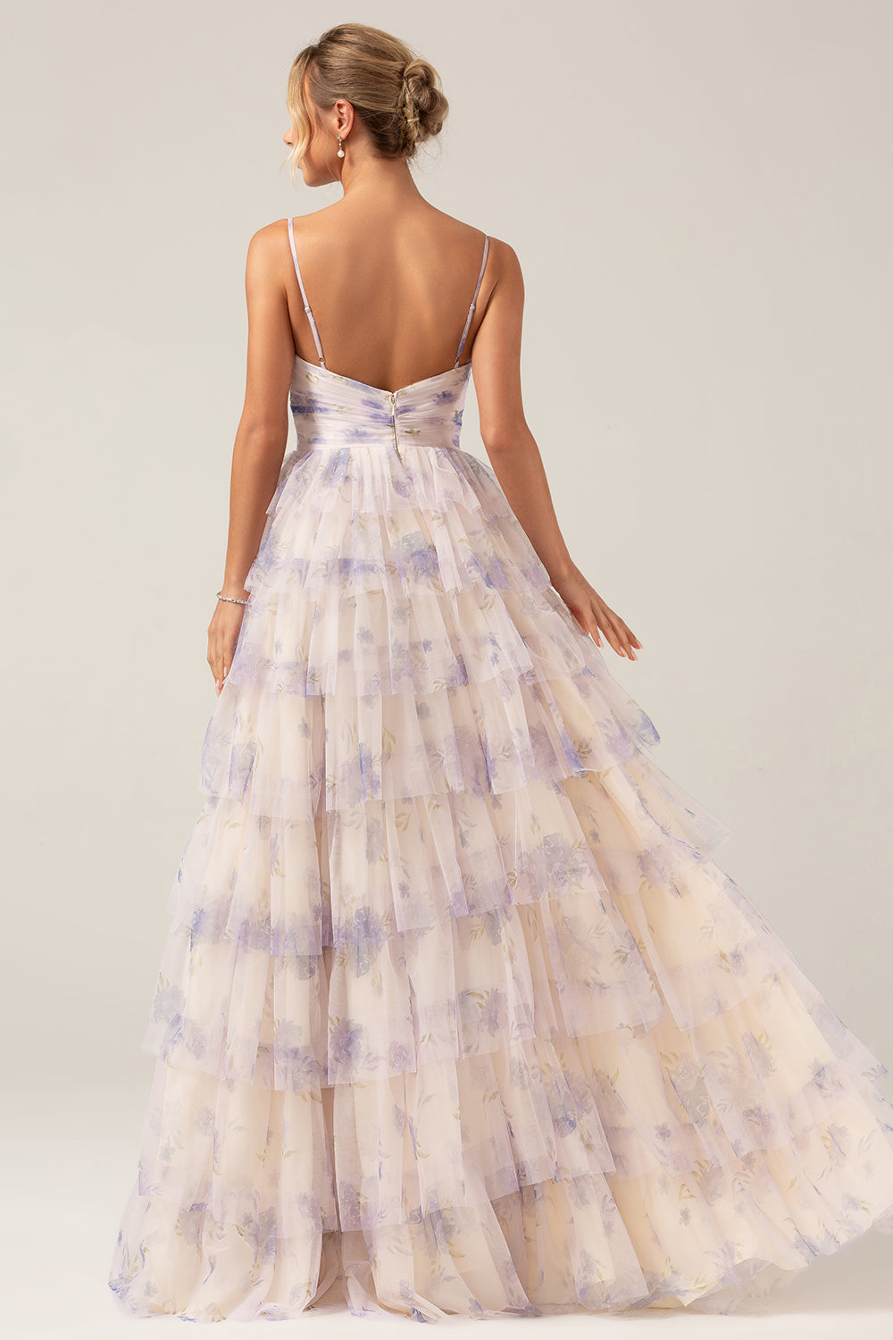 Lavendel Flower Princess Spaghetti stropper lagdelt Prom kjole med plissert