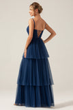 A Line Spaghetti stropper lagdelt Navy Tylle plissert Prom kjole med Slit