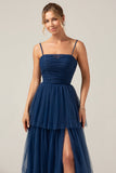 A Line Spaghetti stropper lagdelt Navy Tylle plissert Prom kjole med Slit