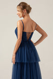 A Line Spaghetti stropper lagdelt Navy Tylle plissert Prom kjole med Slit
