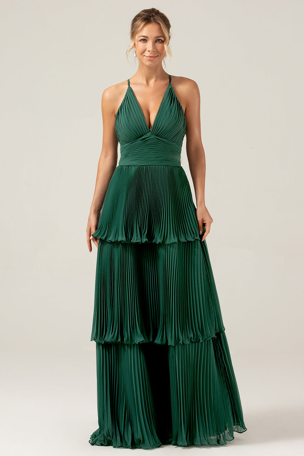 A-Line Tiered Chiffon Dark Green Long brudepike kjole med plissert