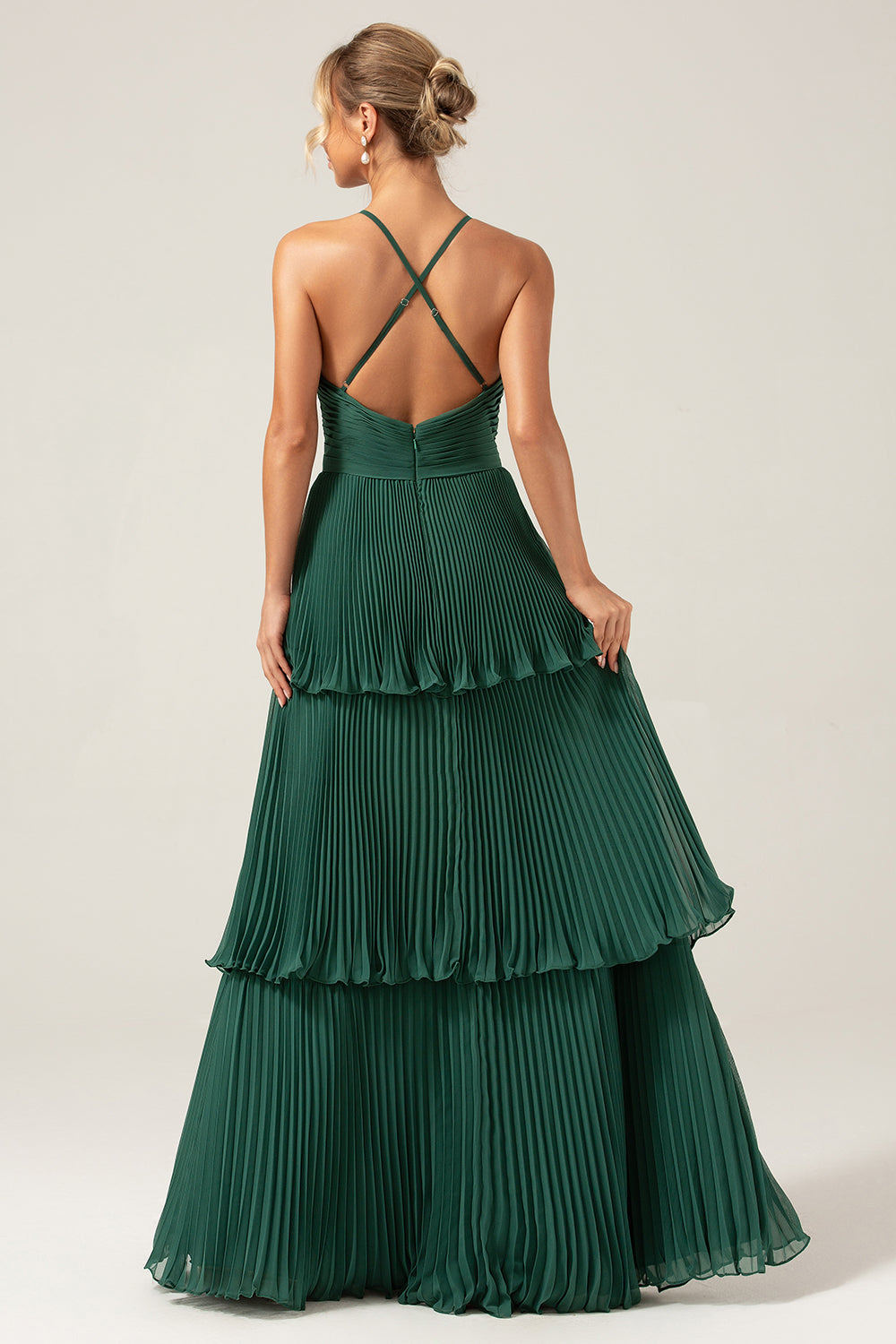 A-Line Tiered Chiffon Dark Green Long brudepike kjole med plissert