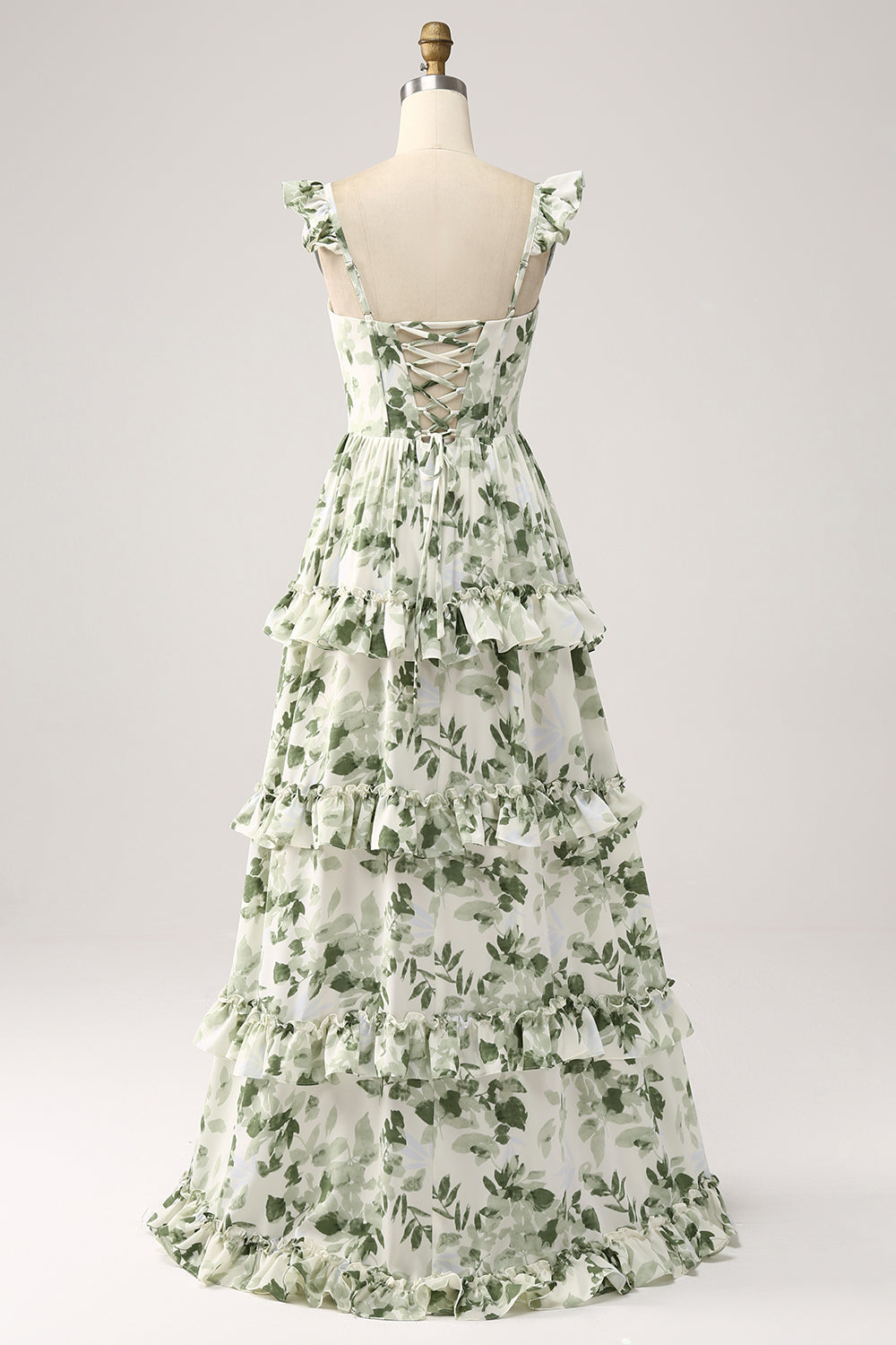 Grønn Floral Ruffles lagdelt ballkjole med spalte