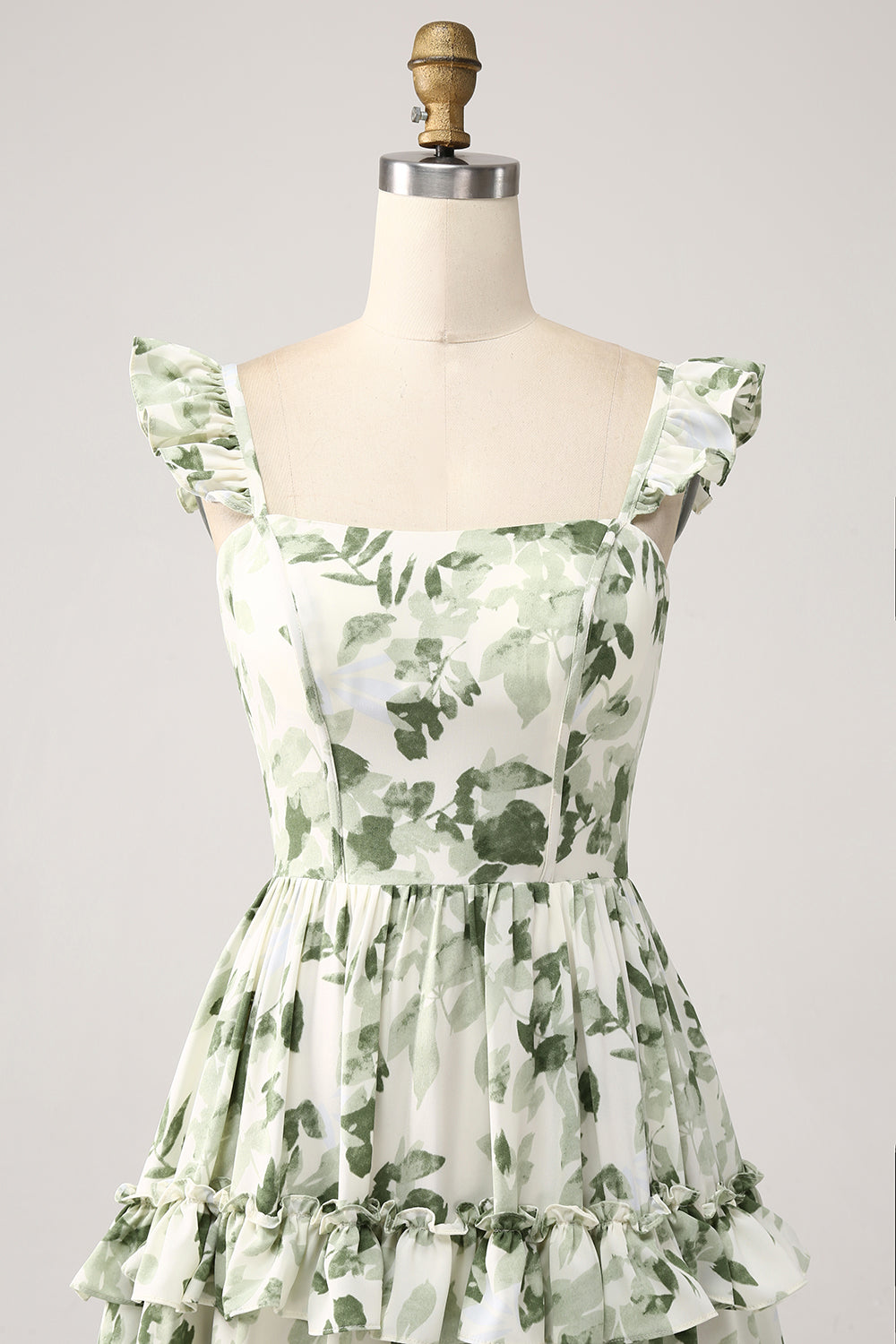 Grønn Floral Ruffles lagdelt ballkjole med spalte