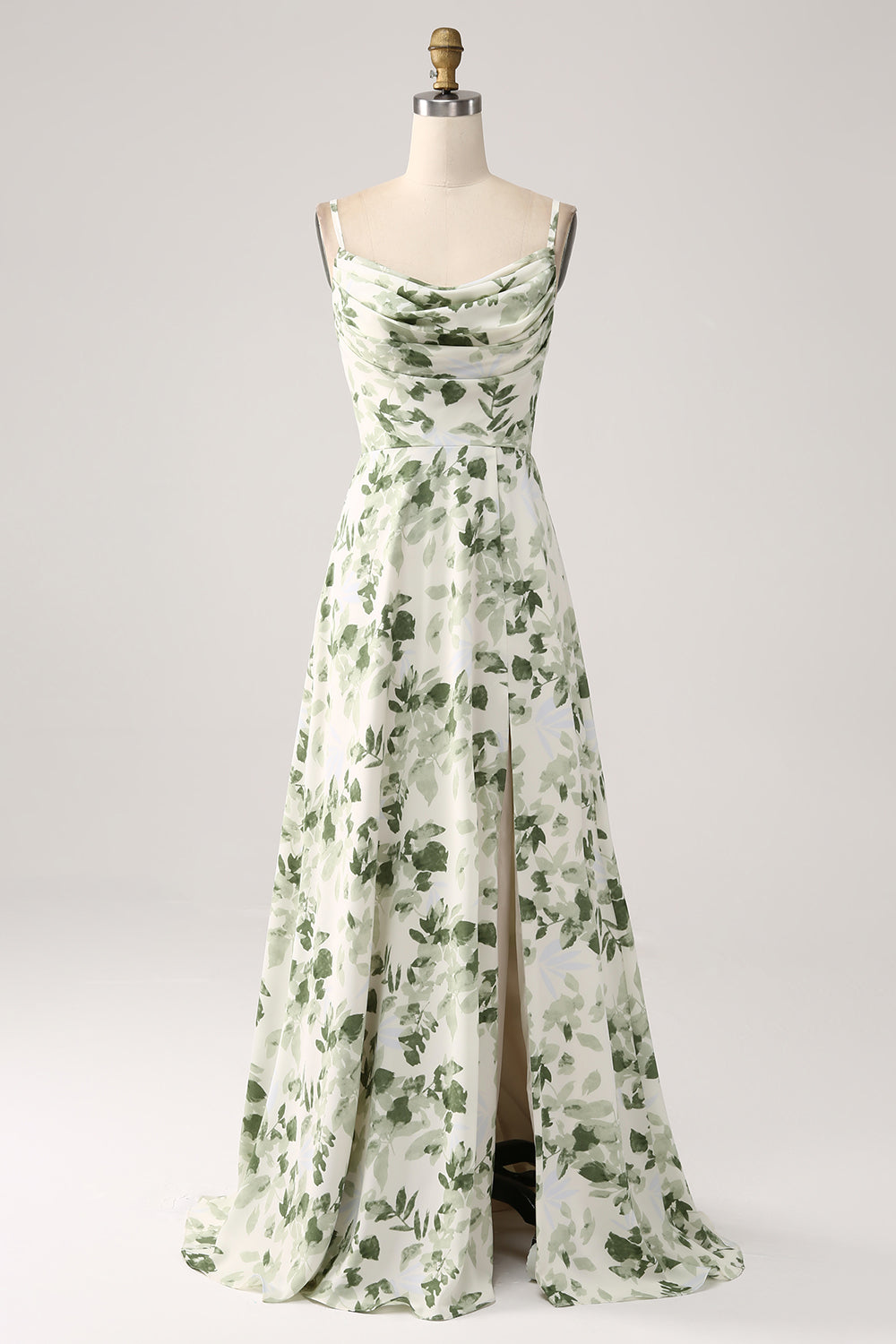 Cowl Neck Green Floral A Line Prom Dress med Slit