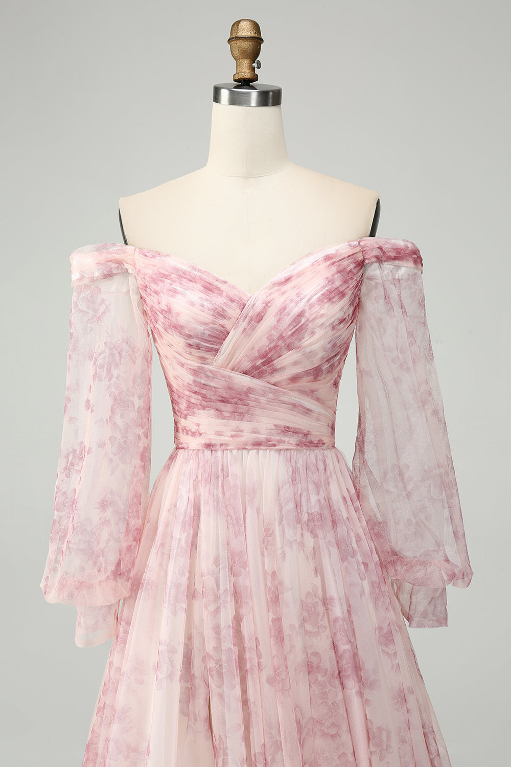 Blush Flower A-linje av skulderen print prom kjole med spalt