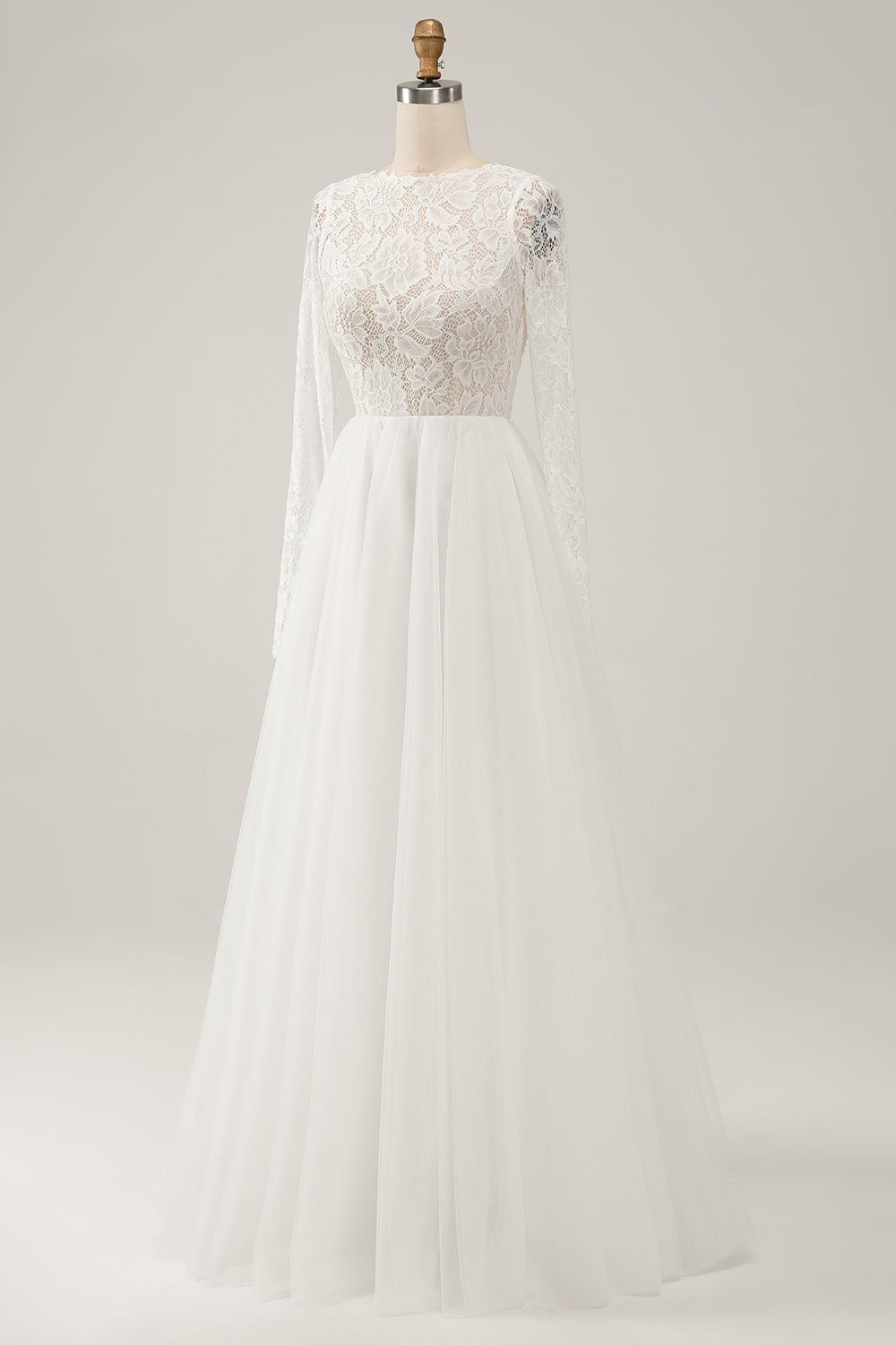 Elegant Ivory A Line Backless lange ermer brudekjole med blonder