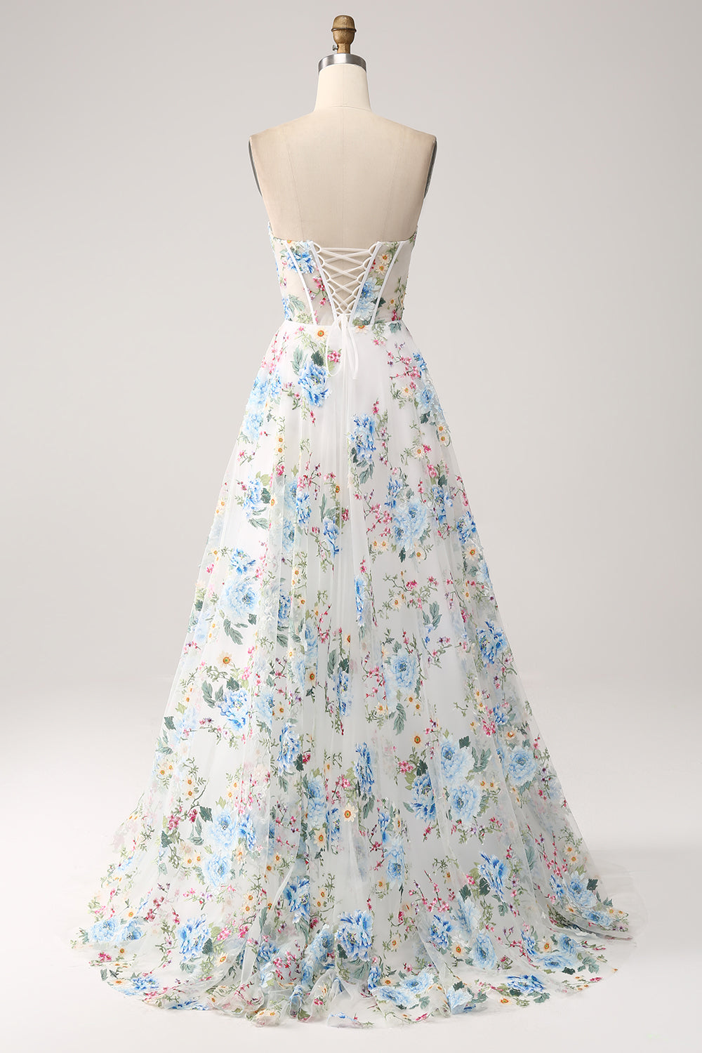 Ivory Flower A-Line stroppeløs lang korsett prom kjole