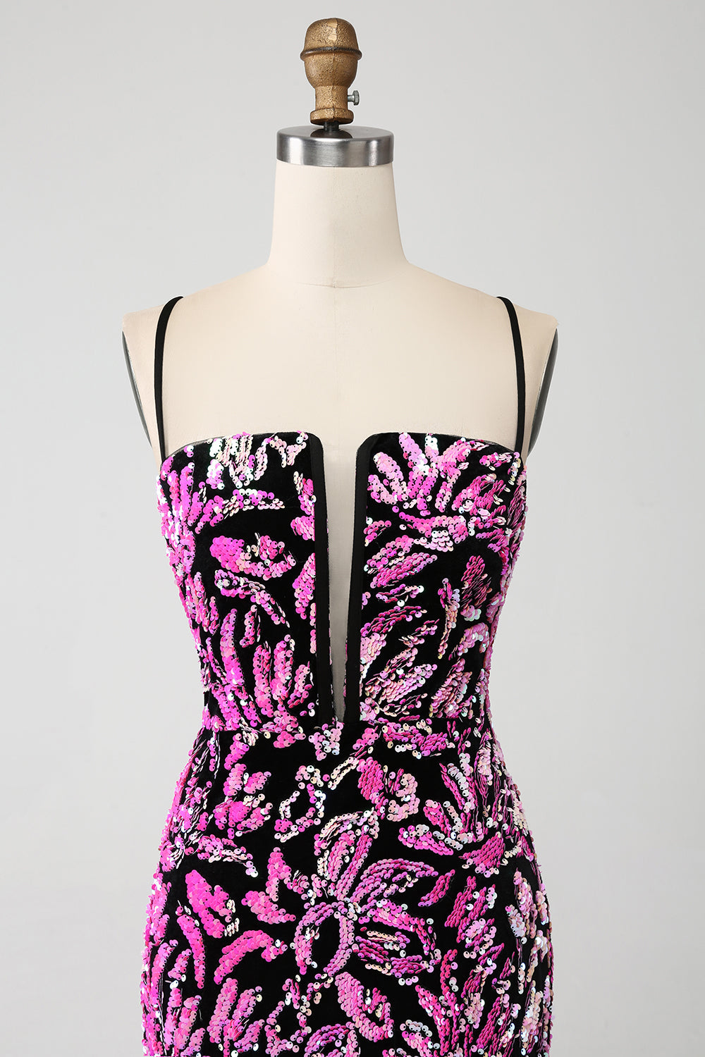 Glitrende havfrue fuchsia svart paljettkjole med sidespalt