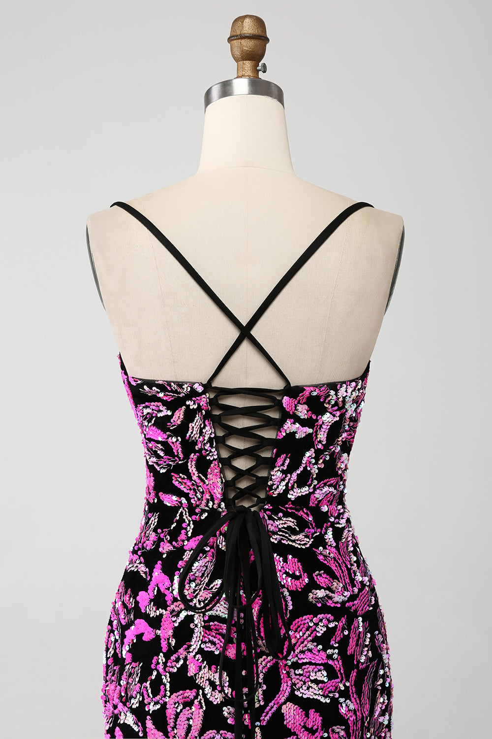 Glitrende havfrue fuchsia svart paljettkjole med sidespalt