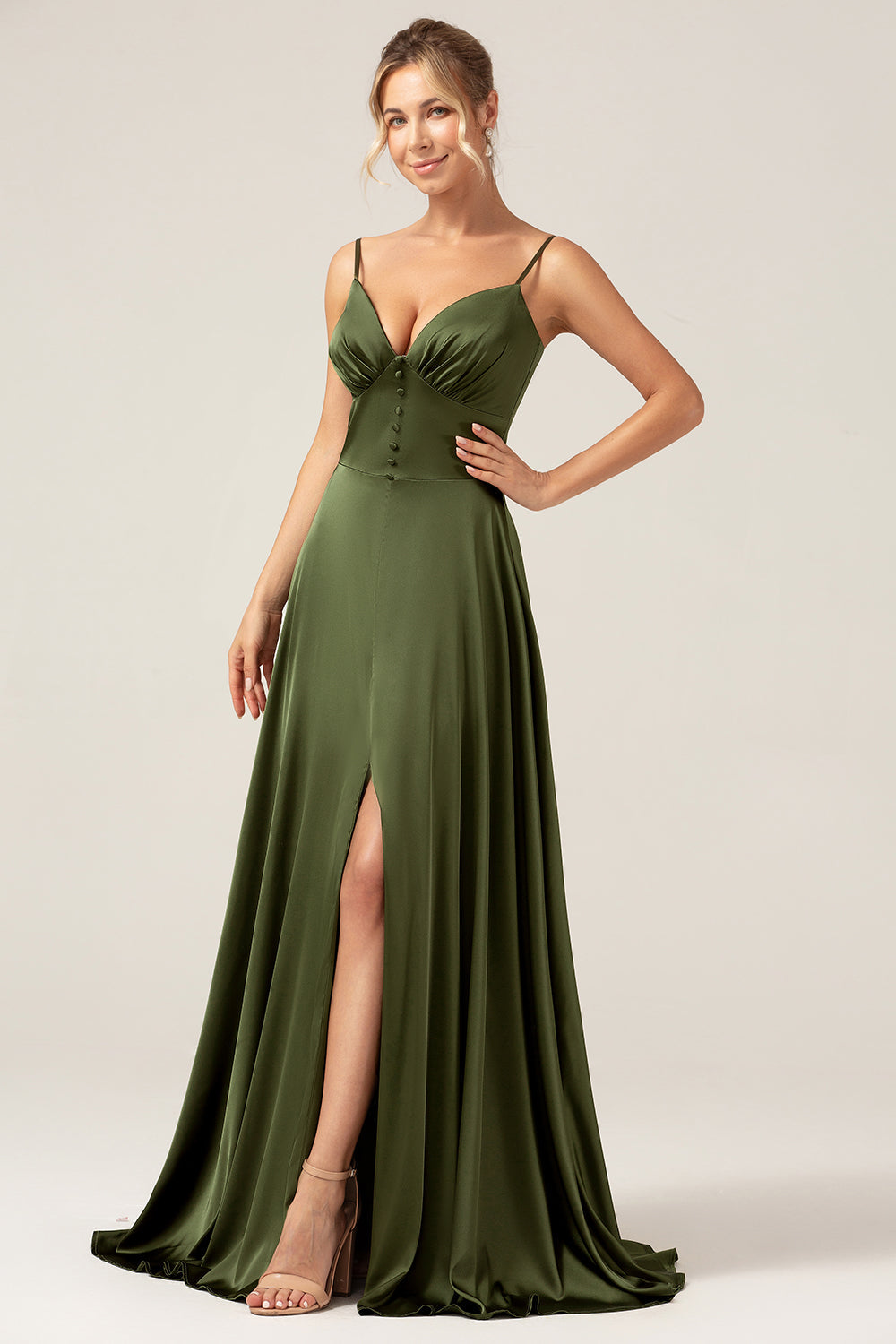 A-Line Spaghetti stropper Olive Satin Long brudepike kjole med Slit