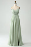 A-Line Dusty Sage Chiffon Spaghetti stropper Long brudepike kjole med Slit