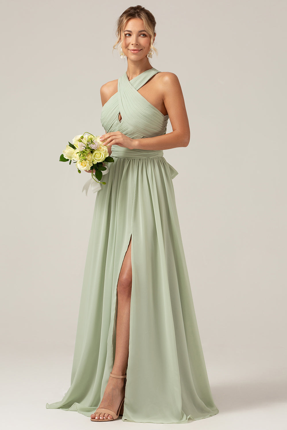 Dusty Sage Boho Chiffon Long brudepike kjole med knapp tilbake