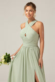 Dusty Sage Boho Chiffon Long brudepike kjole med knapp tilbake