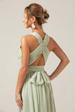 Dusty Sage Boho Chiffon Long brudepike kjole med knapp tilbake