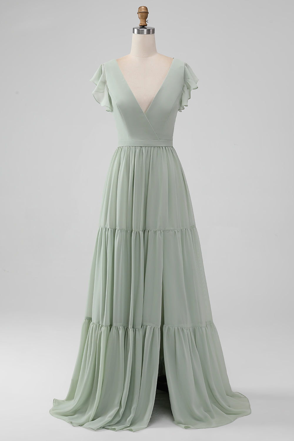 Matcha V Neck A Line Chiffon Long brudepike kjole med Slit