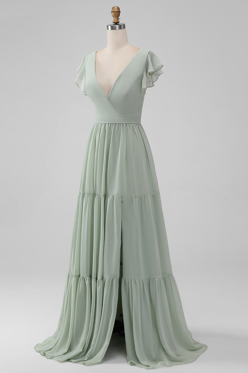 Matcha V Neck A Line Chiffon Long brudepike kjole med Slit