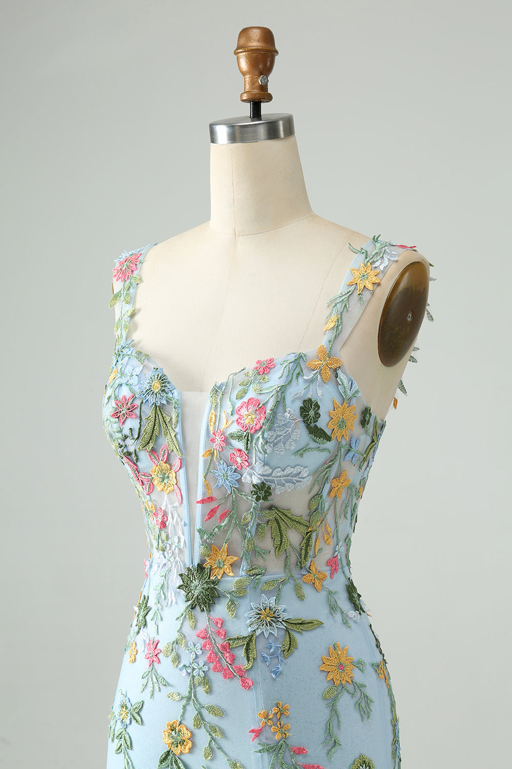 Blå blomst bodycon spaghetti stropper brodert kort hjemkomst kjole