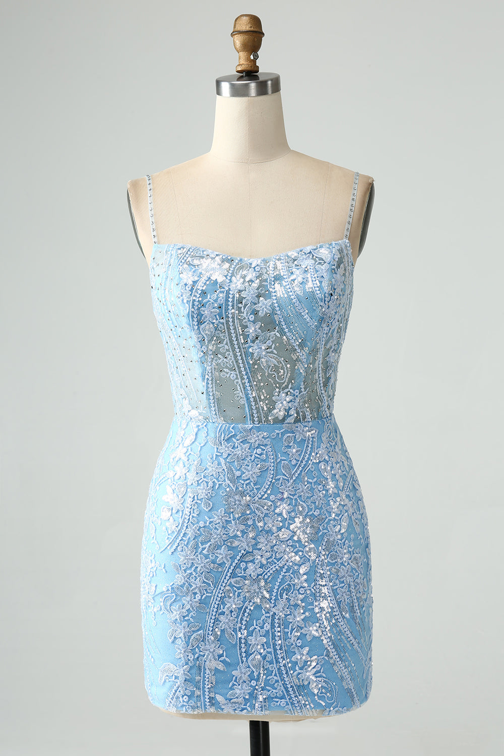 Sparkly Sky Blue Spaghetti stropper Beaded Kort Homecoming kjole