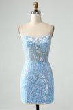 Sparkly Sky Blue Spaghetti stropper Beaded Kort Homecoming kjole