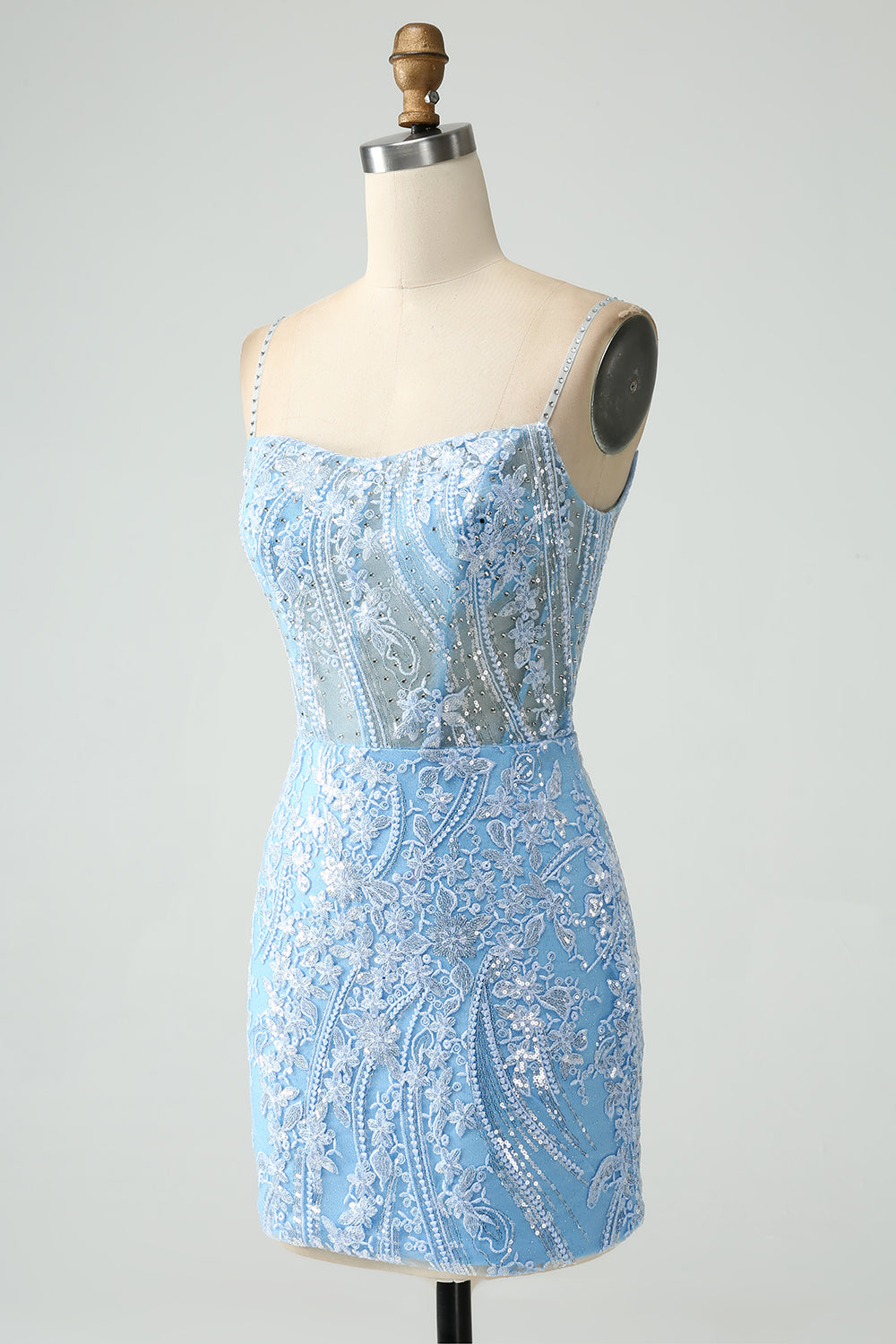 Sparkly Sky Blue Spaghetti stropper Beaded Kort Homecoming kjole