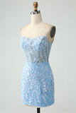 Sparkly Sky Blue Spaghetti stropper Beaded Kort Homecoming kjole