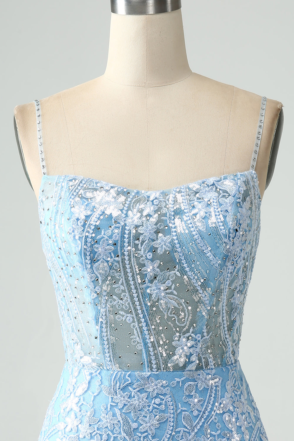Sparkly Sky Blue Spaghetti stropper Beaded Kort Homecoming kjole