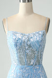 Sparkly Sky Blue Spaghetti stropper Beaded Kort Homecoming kjole