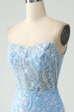 Sparkly Sky Blue Spaghetti stropper Beaded Kort Homecoming kjole