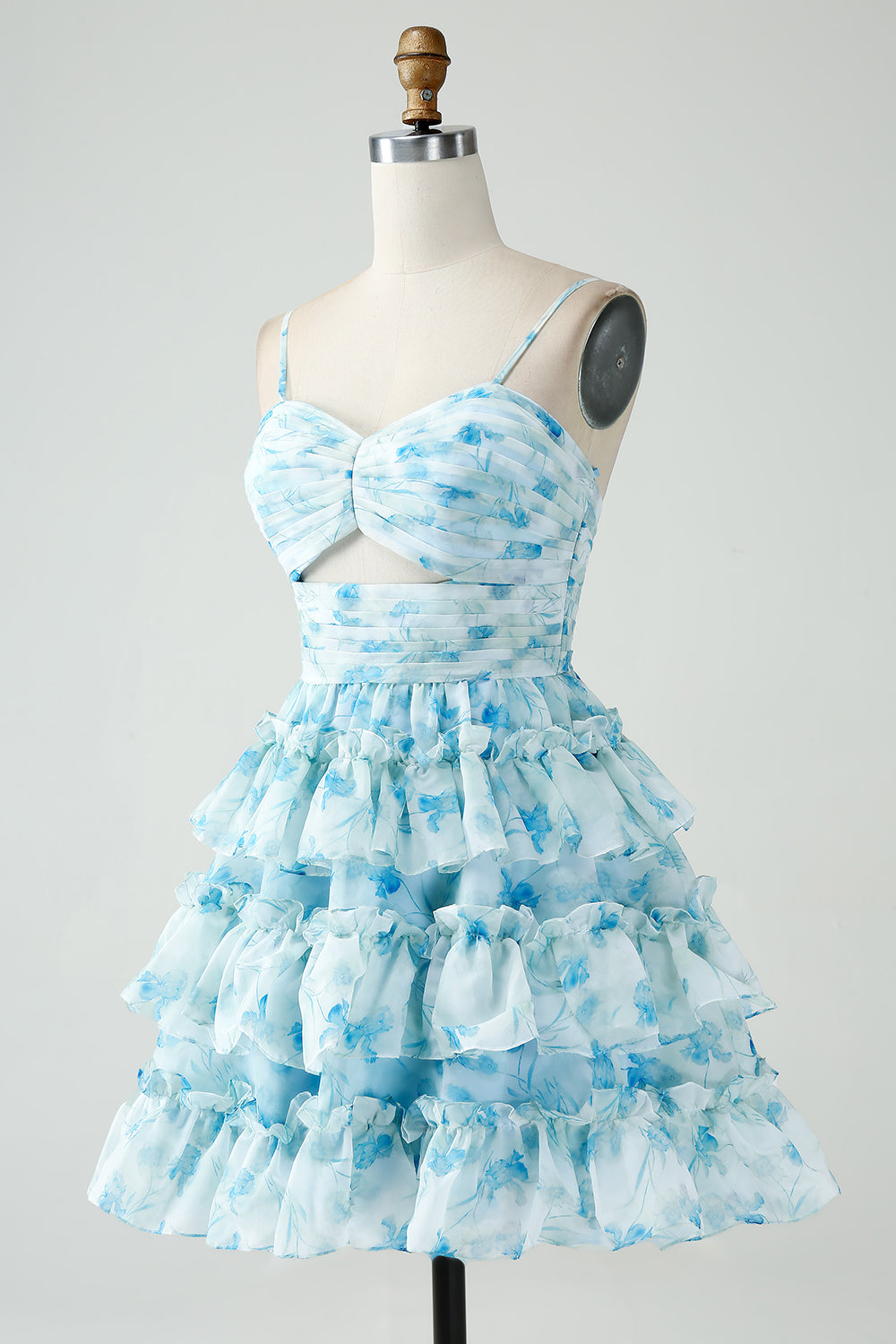 A-Line Spaghetti stropper lagdelt blå Floral Short Homecoming Dress