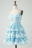 A-Line Spaghetti stropper lagdelt blå Floral Short Homecoming Dress