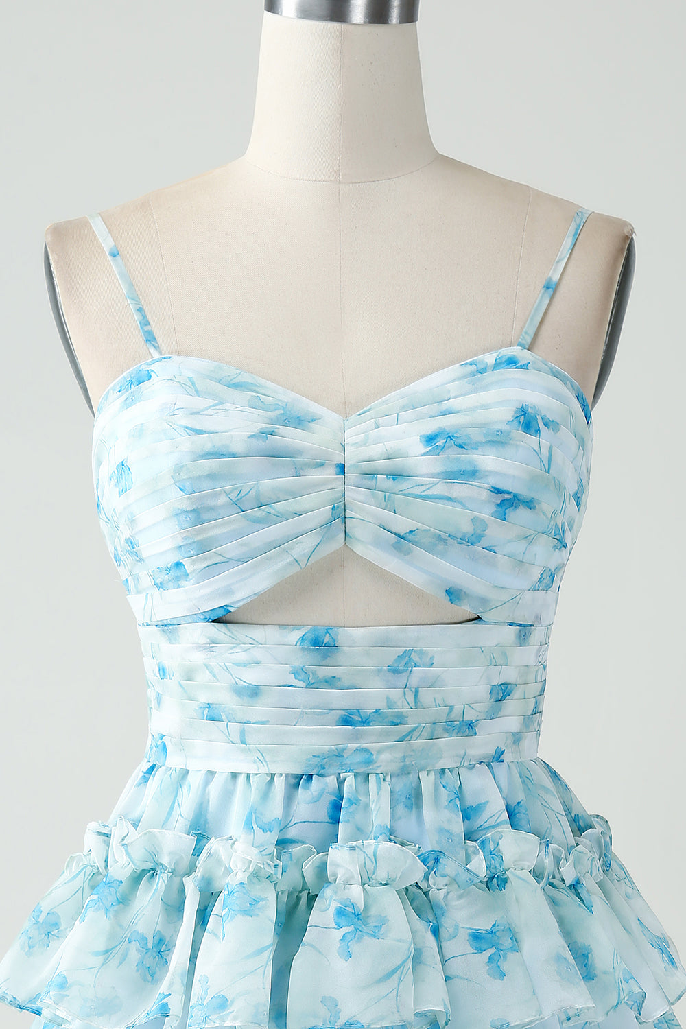 A-Line Spaghetti stropper lagdelt blå Floral Short Homecoming Dress