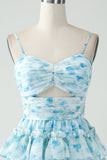 A-Line Spaghetti stropper lagdelt blå Floral Short Homecoming Dress