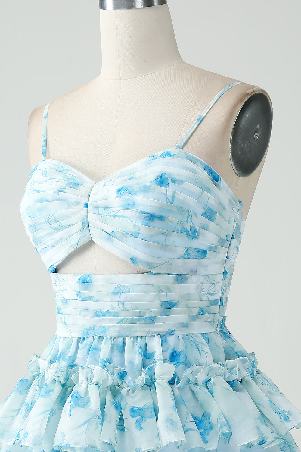 A-Line Spaghetti stropper lagdelt blå Floral Short Homecoming Dress