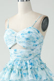 A-Line Spaghetti stropper lagdelt blå Floral Short Homecoming Dress