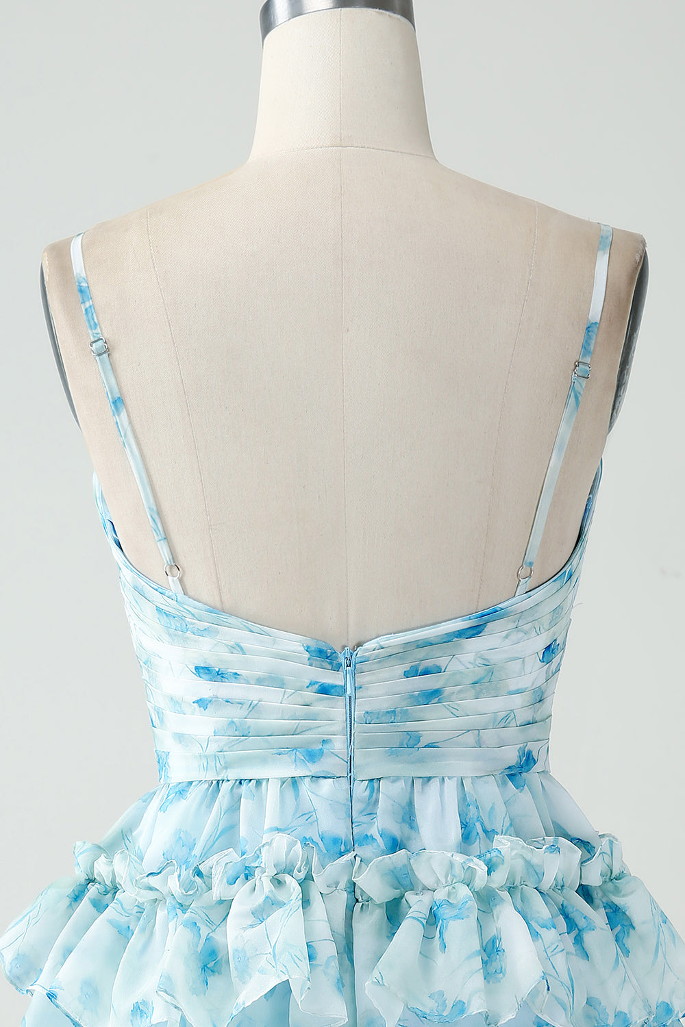 A-Line Spaghetti stropper lagdelt blå Floral Short Homecoming Dress