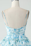 A-Line Spaghetti stropper lagdelt blå Floral Short Homecoming Dress