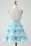 A-Line Spaghetti stropper lagdelt blå Floral Short Homecoming Dress