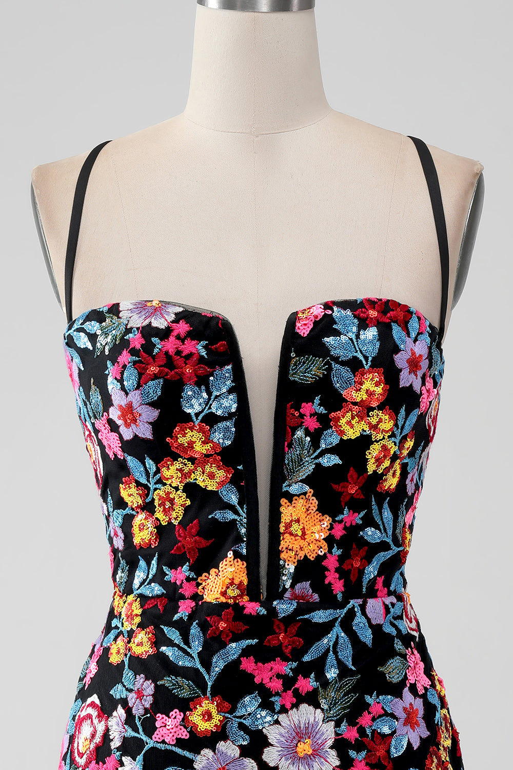 Svart blomst bodycon v hals spaghetti stropper kort hjemkomst kjole