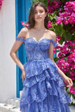 Princess A Line Off the Shoulder Blue Long Prom kjole med Appliques