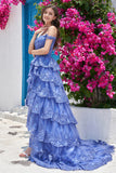 Princess A Line Off the Shoulder Pink Long Prom kjole med Appliques