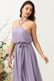 A Line Halter Purple Long Bridesmaid Dress med Bowknot