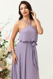 A Line Halter Purple Long Bridesmaid Dress med Bowknot