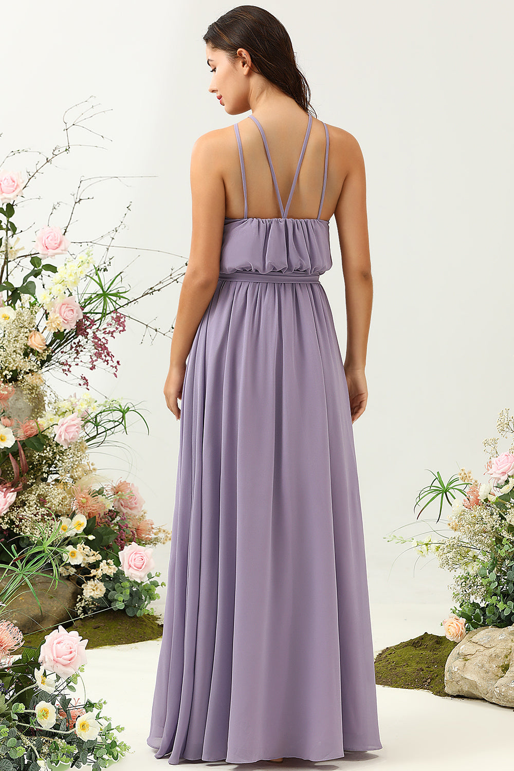 A Line Halter Purple Long Bridesmaid Dress med Bowknot