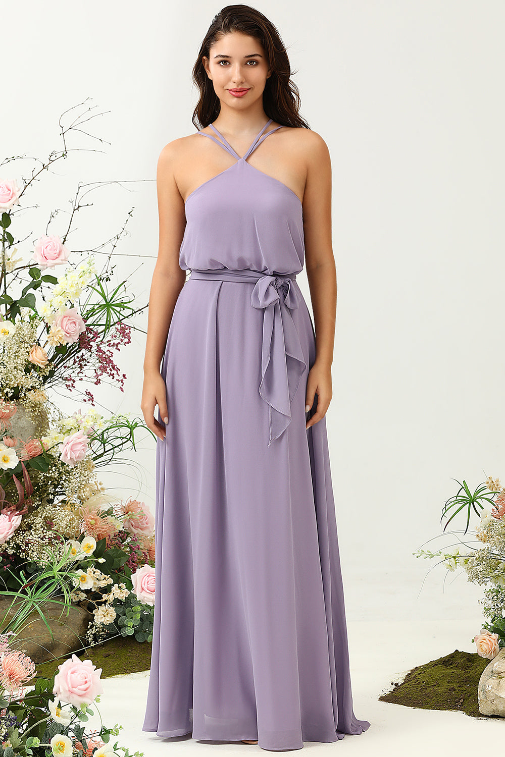 A Line Halter Purple Long Bridesmaid Dress med Bowknot
