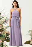 A Line Halter Purple Long Bridesmaid Dress med Bowknot