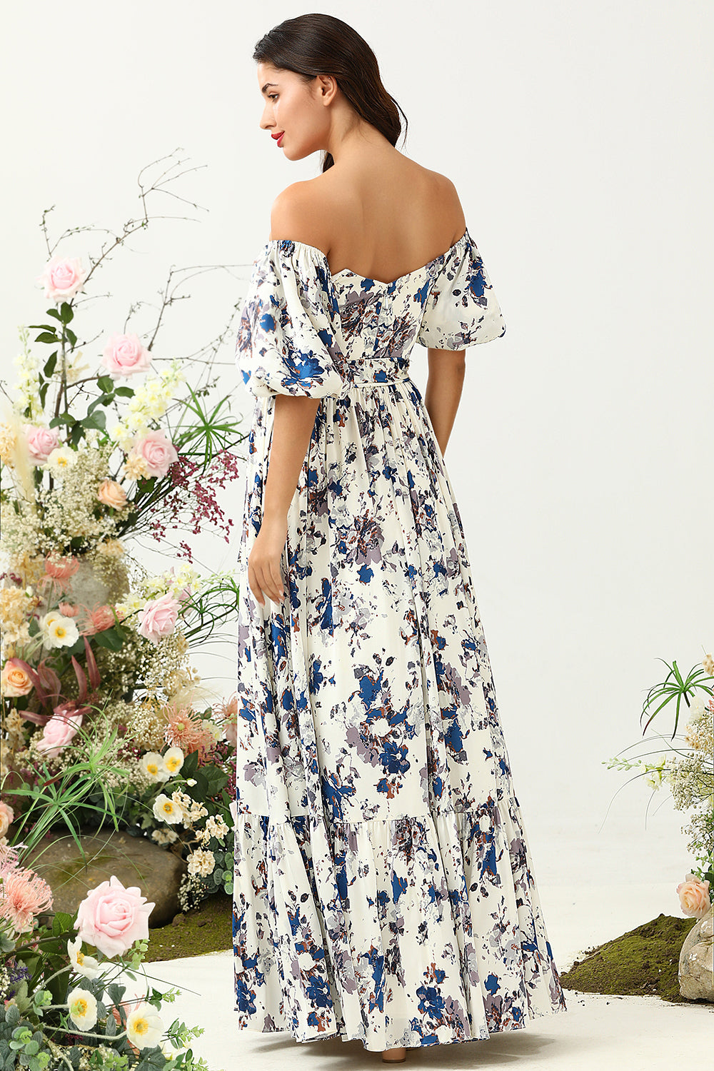 Hvit blå blomst Boho brudepike kjole