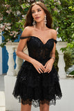 Sparkly Dark Blue Corset Tiered Short Homecoming Dress med blonder