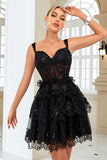 Sparkly Dark Blue Corset Tiered Short Homecoming Dress med blonder