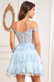 Sparkly Dark Blue Corset Tiered Short Homecoming Dress med blonder